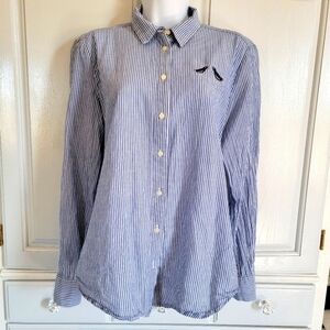 LOFT Blue White Striped 100% Cotton Button Down Shirt Embroidered Birds Size M